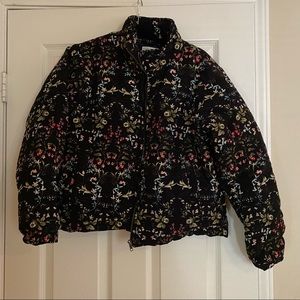 Black puffer jacket with dainty flowers